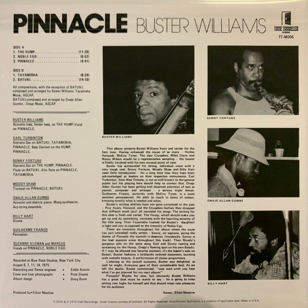 Image of Back Cover of LP - VG+/VG+ - BUSTER WILLIAMS, Pinnacle (Time Traveler Recordings; TT-M006, US & Europe 2026 Reissue, Glossy Pasteback Sleeve, Insert, RSD 2026, Limited Edition), Pristine copy. ,  - 2846089S