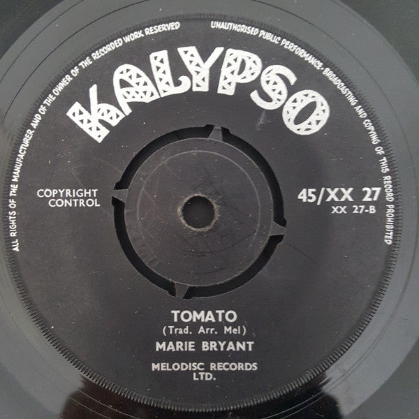 Image of Back Cover of 7" - /VG+ - MARIE BRYANT, Watermelon / Tomato (Kalypso; 45/XX 27, UK 1960s, 4-Prong Centre), Lovely copy, centre intact.,  - 2816106C