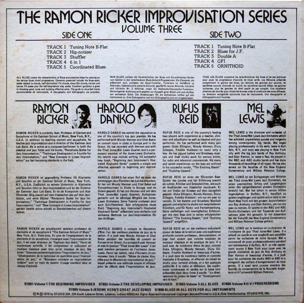 Image of Back Cover of LP - VG/VG - RAMON RICKER, The Ramon Ricker Improvisation Series Volume Three (All Blues) (Studio Records; R7803, US 1979, Booklet, Ex Library), Slight Warp Which Does Not Affect Play, Split Seam, Library Stickers And Stamp on Sleeve,  - 2826108E