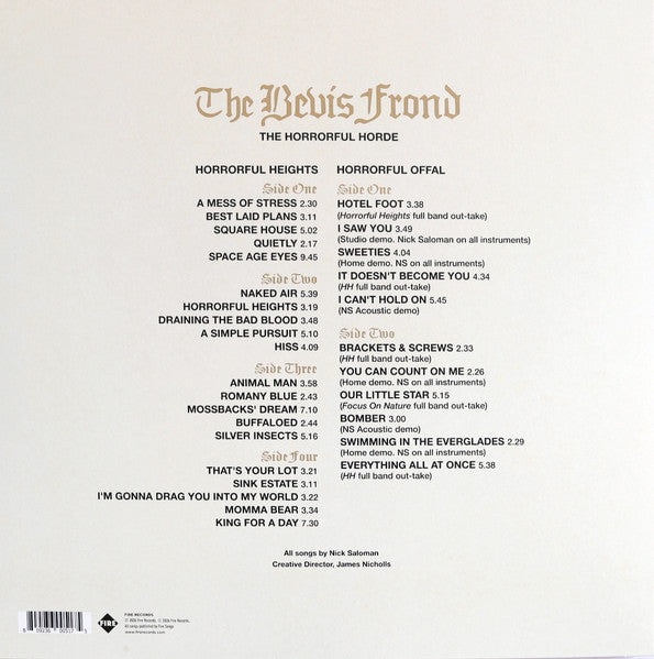 Image of Back Cover of 3xLP - NEW/NEW - THE BEVIS FROND, Horrorful Heights - Deluxe Edition (Fire Records; FIRELP805, UK & US 2026, Outer Die Cut Card Sleeve, 3 Inners), ,  - 2836056E