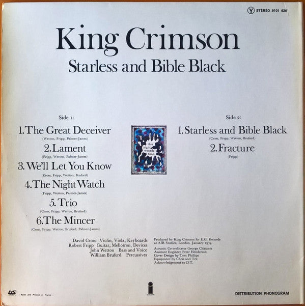 Image of Back Cover of LP - VG+/VG - KING CRIMSON, Starless And Bible Black (Island Records ; 9101 626, France 1974, Laminated Gatefold Sleeve, Insert), Strong VG,  - 2826091E