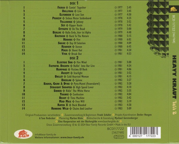 Image of Back Cover of 2xCD - VG+/VG+ - VARIOUS, Heavy Kraut! (Teil 2) (Wie Der Hardrock Nach Deutschland Kam) (1977-1983) (Bear Family Records; BCD17722 [362768], Germany 2024, Triple Gatefold, Booklet), ,  - 2736134E