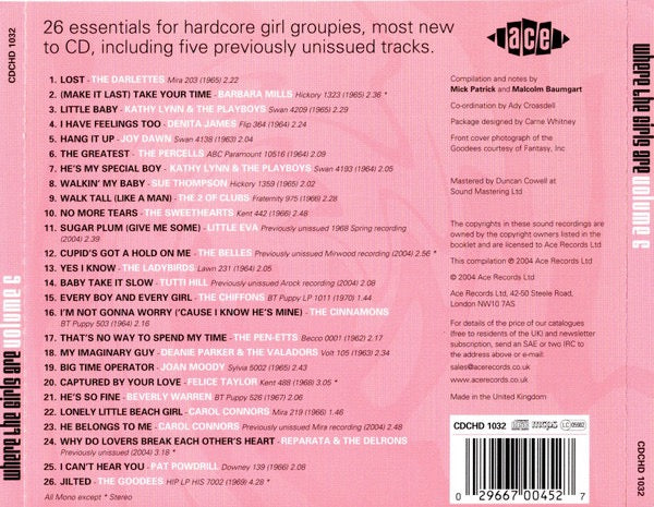 Image of Back Cover of CD - VG+/VG+ - VARIOUS, Where The Girls Are - Volume 6 (Ace; CDCHD 1032, UK 2004, Jewel Case), ,  - 2836060E