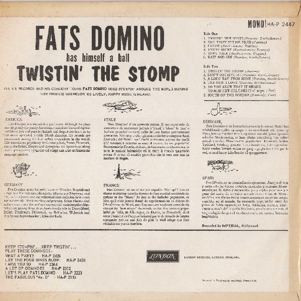 Image of Back Cover of LP - VG/VG - FATS DOMINO, Twistin' The Stomp (London Records Boxed MCPS Side A; HA-P 2447, UK 1962, Laminated Flipback Sleeve, Mono), ,  - 2816152C
