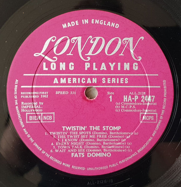 Image of Label Cover of LP - VG/VG - FATS DOMINO, Twistin' The Stomp (London Records Boxed MCPS Side A; HA-P 2447, UK 1962, Laminated Flipback Sleeve, Mono), ,  - 2816152C