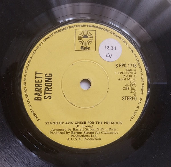 Image of Front Cover of 7" - /VG - BARRETT STRONG, Stand Up And Cheer For The Preacher (Epic; S EPC 1778, UK 1973), Light Marks only - plays great! B-side label torn.,  - 2816174C