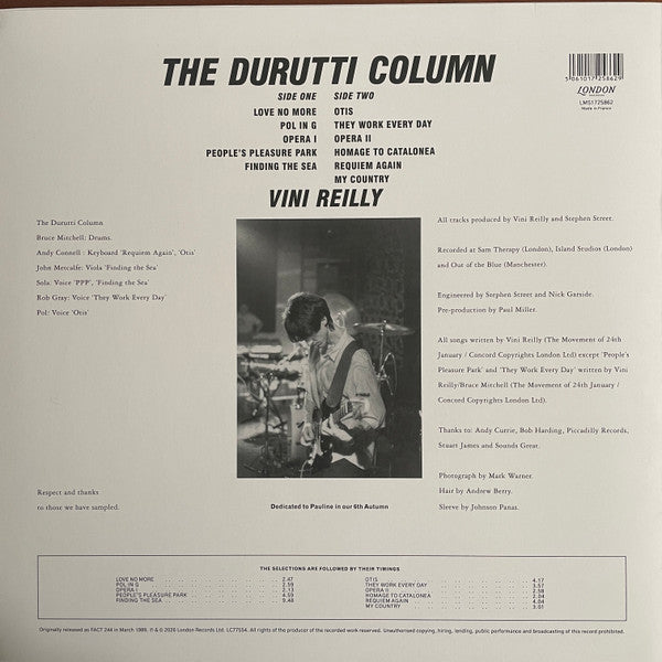 Image of Back Cover of LP - NEW/NEW - THE DURUTTI COLUMN, Vini Reilly (London Records; LMS1725862, UK 2026 Reissue, Inner, Black Vinyl), , 1LP edition of the seminal 1989 album in its original sleeve. Produced by Stephen Street (The Smiths, Blur, The Cranberries, New Order) - 3936135E