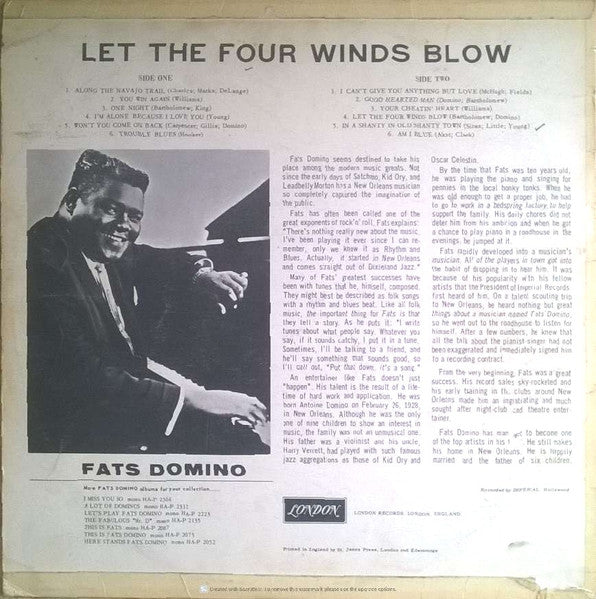 Image of Back Cover of LP - VG/VG+ - FATS DOMINO, Let The Four Winds Blow (London Records; HA-P 2420, UK 1961, Laminated Front Sleeve), Sleeve age discoloured, edges of opening have been taped.,  - 2816155C
