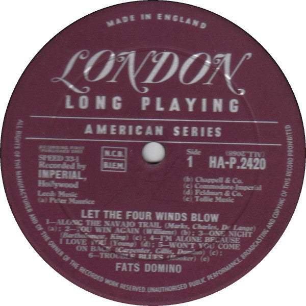 Image of Label Cover of LP - VG/VG+ - FATS DOMINO, Let The Four Winds Blow (London Records; HA-P 2420, UK 1961, Laminated Front Sleeve), Sleeve age discoloured, edges of opening have been taped.,  - 2816155C