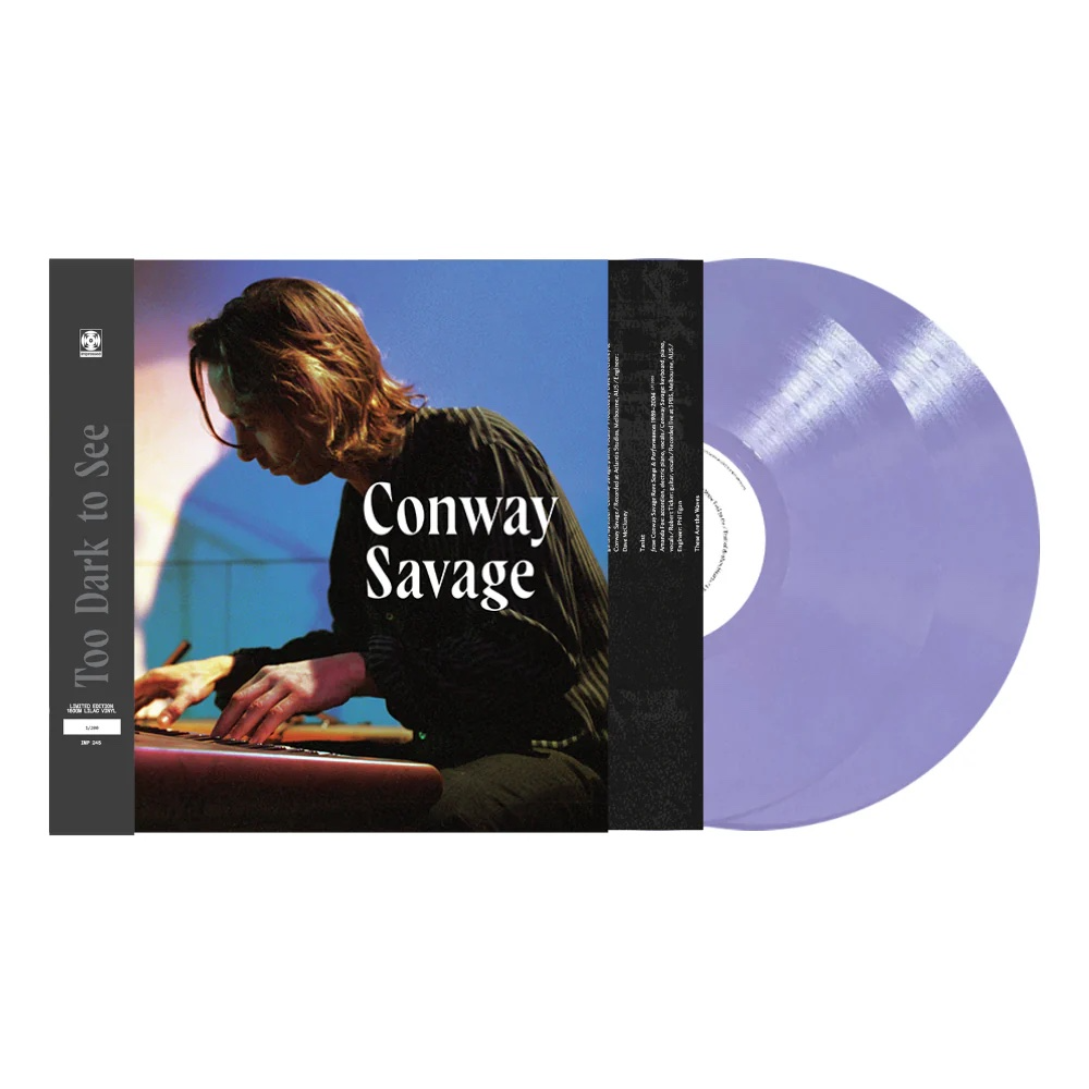 Image of Back Cover of 2x12" - NEW/NEW - CONWAY SAVAGE, Too Dark To See: Solo & Collaborative Recordings 1992–2010 (Impressed Recordings; IMP245, UK , Inner, Lilac Purple Colour Vinyl), , "I miss Conway. We all miss Conway. We miss him a lot. Things are not the same without him." Nick Cave This first-ever anthology of his music, named after his song ‘Too Dark To See’ from his 1993 debut EP, collects together 24 tracks, including many rarities. Early selections such as ‘Fair and Tender Ladies,’ ‘1000 Days’ 