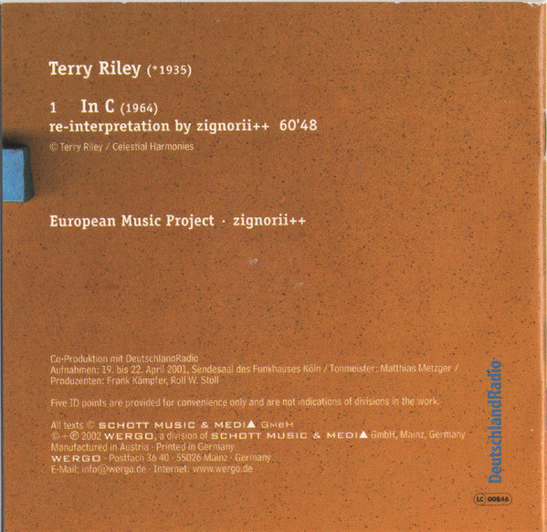 Image of Back Cover of CD - VG+/VG+ - TERRY RILEY - EUROPEAN MUSIC PROJECT, ZIGNORII++, In C (WERGO; WER 6650 2, Germany 2002, Jewel Case), ,  - 2836007E