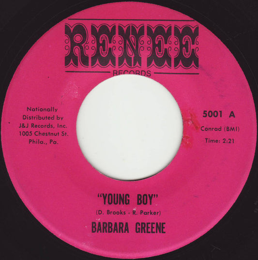 Image of Front Cover of 7" - /VG - BARBARA GREENE, Young Boy / I Should Have Treated You Right (Renee Records; 5001, US 1968 Reissue), ,  - 2816185C