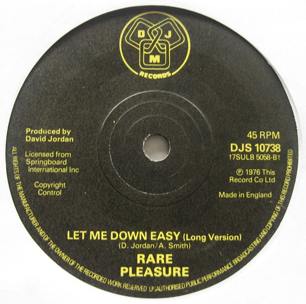 Image of Back Cover of 7" - /G - RARE PLEASURE, Let Me Down Easy (DJM Records; DJS 10738, UK 1976), Record has lots of surface marks. One deeper mark running across A-side, which clicks for a few rotations towards the end of the track,  - 2816187C