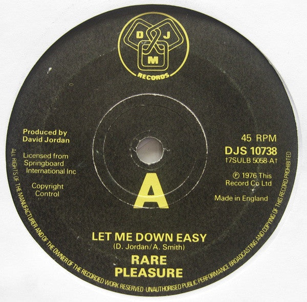 Image of Front Cover of 7" - /G - RARE PLEASURE, Let Me Down Easy (DJM Records; DJS 10738, UK 1976), Record has lots of surface marks. One deeper mark running across A-side, which clicks for a few rotations towards the end of the track,  - 2816187C