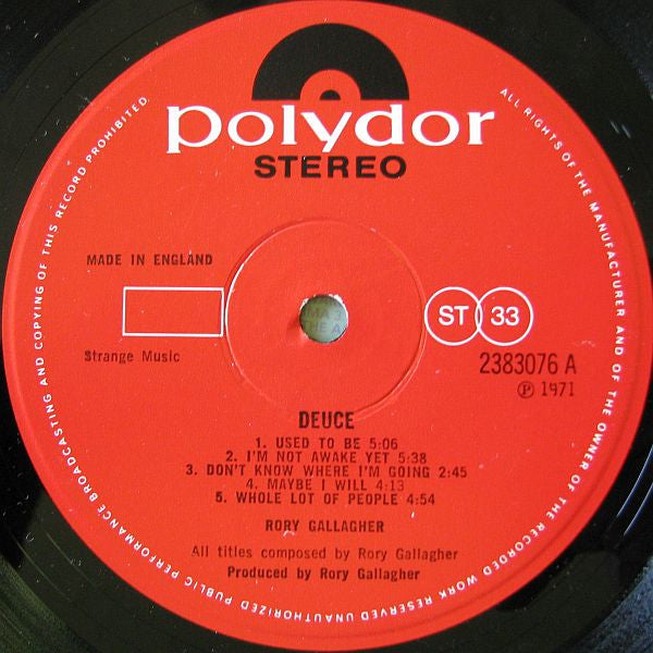 Image of Label Cover of LP - VG+/EX - RORY GALLAGHER, Deuce (Polydor Red Label; 2383 076, UK 1971, Composer Credit Below Artist Credit On Labels), Nice Copy, Pinched Spine Ends,  - 2826214E