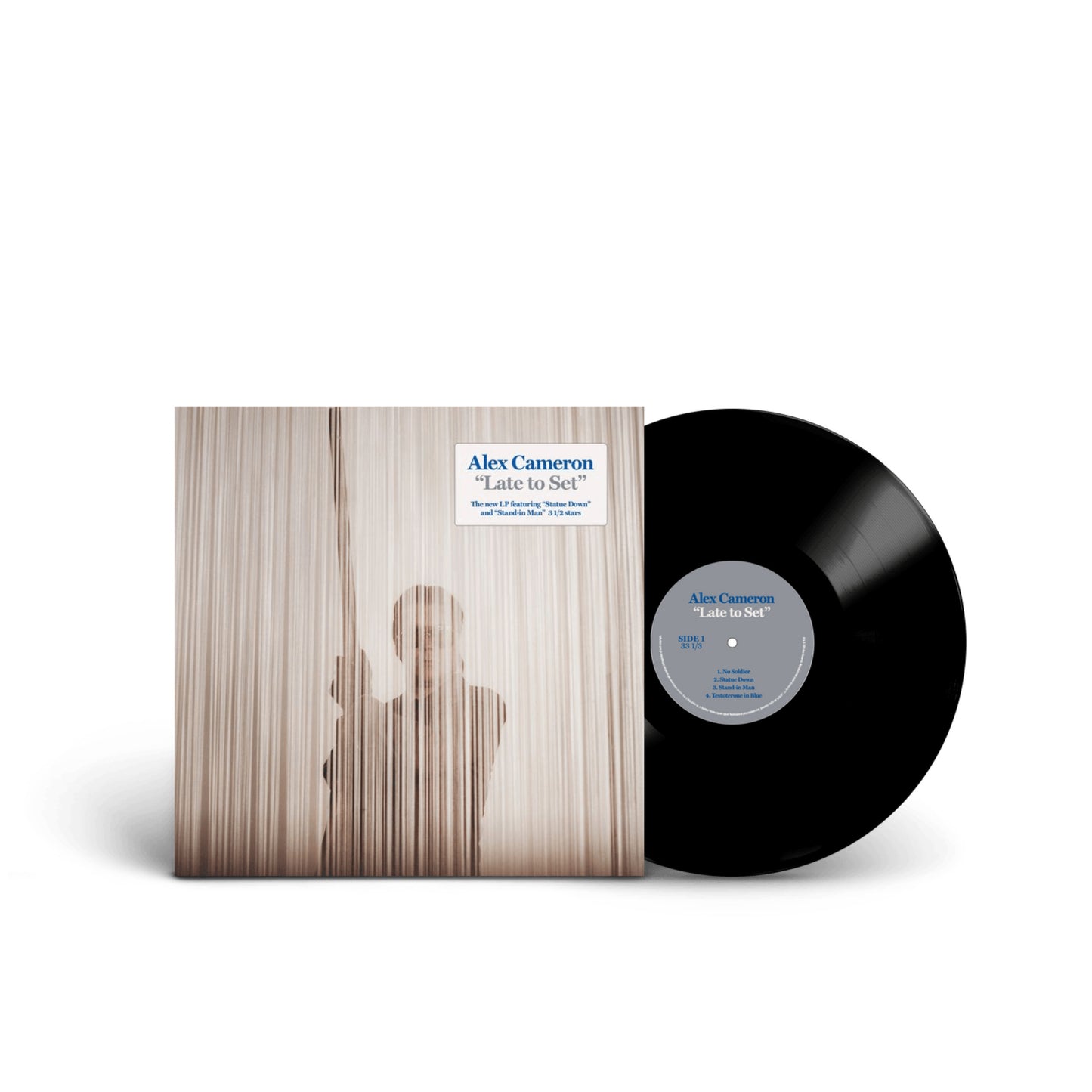 Image of Back Cover of 12" - NEW/NEW - ALEX CAMERON, Late to Set (Diggers Factory; ACLTS001, UK 2026, Black Vinyl), , In January 2025 Alex Cameron exploded his life in a controlled detonation largely ignored by the universe. The charred remains of Cameron’s life fragmented and reassembled into 9 synthetic rock songs detailing his world’s deep confusion and regret. He continues to find pieces of his own reflection in the shattered characters he creates and embodies. The promised Messiah. Agamemnon’s appetite
