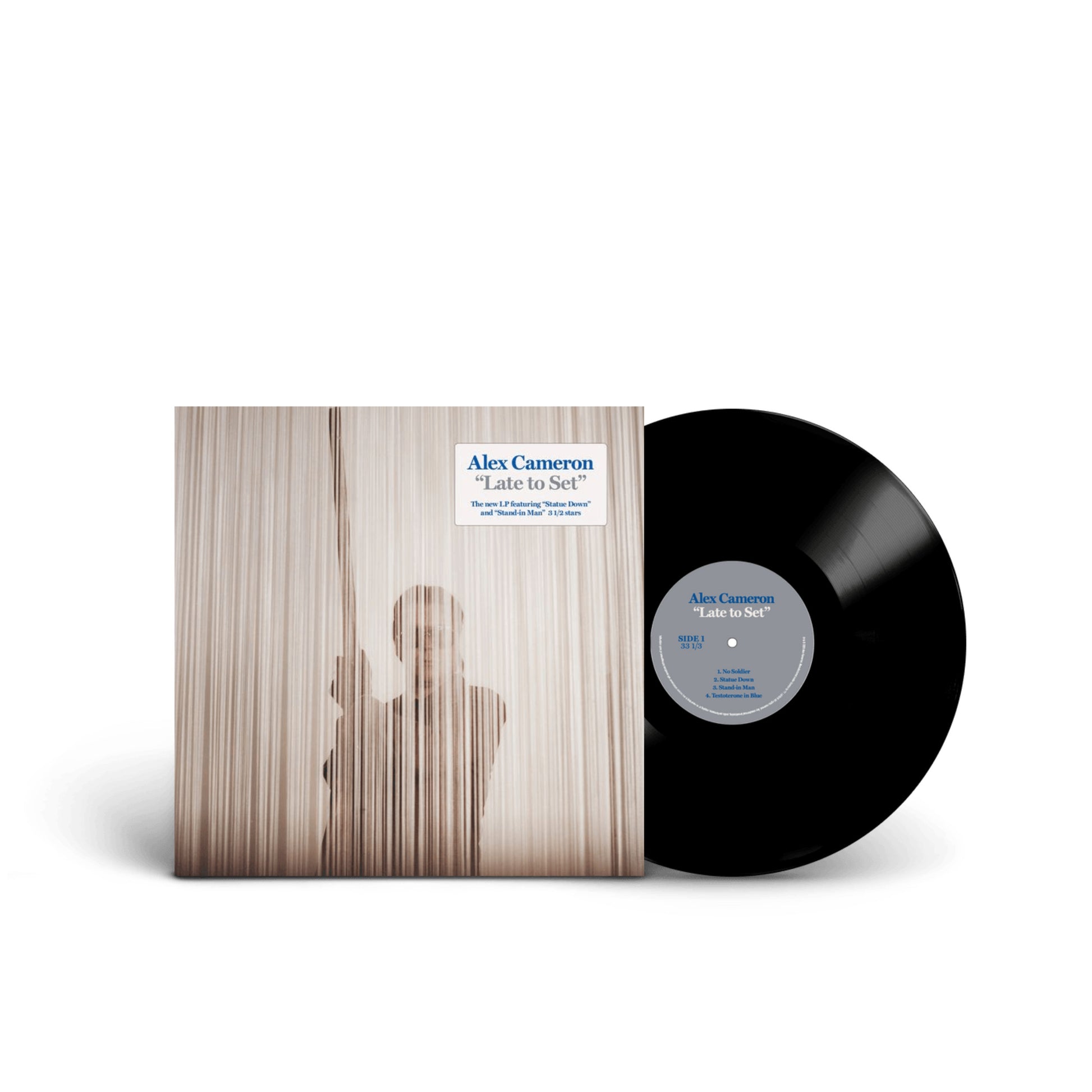 Image of Back Cover of 12" - NEW/NEW - ALEX CAMERON, Late to Set (Diggers Factory; ACLTS001, UK 2026, Black Vinyl), , In January 2025 Alex Cameron exploded his life in a controlled detonation largely ignored by the universe. The charred remains of Cameron’s life fragmented and reassembled into 9 synthetic rock songs detailing his world’s deep confusion and regret. He continues to find pieces of his own reflection in the shattered characters he creates and embodies. The promised Messiah. Agamemnon’s appetite
