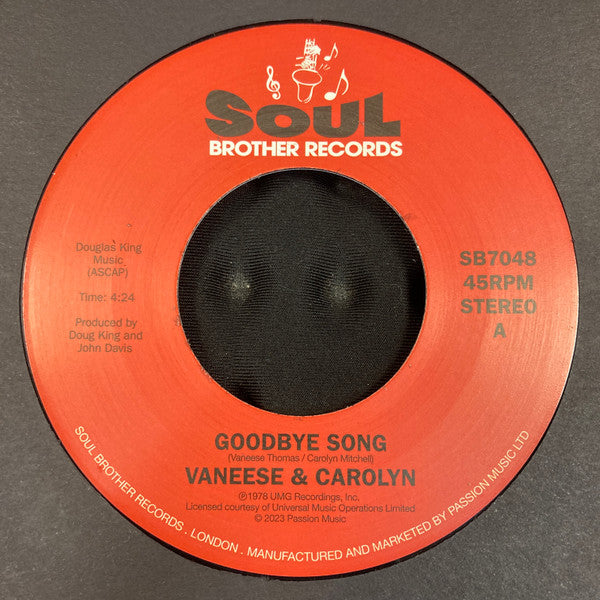 Image of Front Cover of 7" - /VG+ - VANEESE & CAROLYN, Goodbye Song / Just A Little Smile (From You) (Soul Brother Records; SB7048, UK 2023 Reissue), ,  - 2816189C