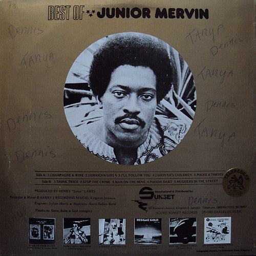 Image of Back Cover of LP - G/G+ - JUNIOR MERVIN, Best Of (Sunset Records; none, Jamaica 1985), Vinyl has surface marks, plays G+/VG.,  - 2846212S