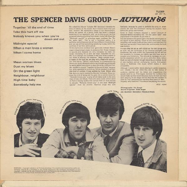 Image of Back Cover of 4845090S: LP - THE SPENCER DAVIS GROUP, Autumn '66 (Fontana; TL5359, UK 1966, Flipback Sleeve, Mono) Small tear on loading edge of sleeve. Title taped over and re-traced on back cover. Strong VG disc.  G+/VG