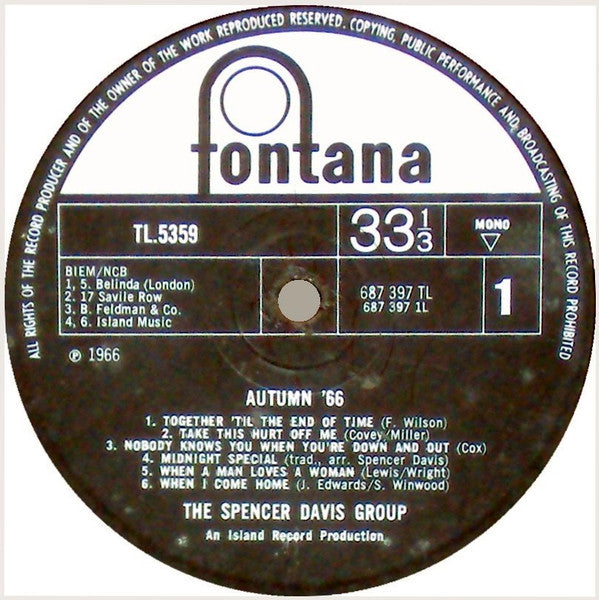 Image of Label Cover of 4845090S: LP - THE SPENCER DAVIS GROUP, Autumn '66 (Fontana; TL5359, UK 1966, Flipback Sleeve, Mono) Small tear on loading edge of sleeve. Title taped over and re-traced on back cover. Strong VG disc.  G+/VG
