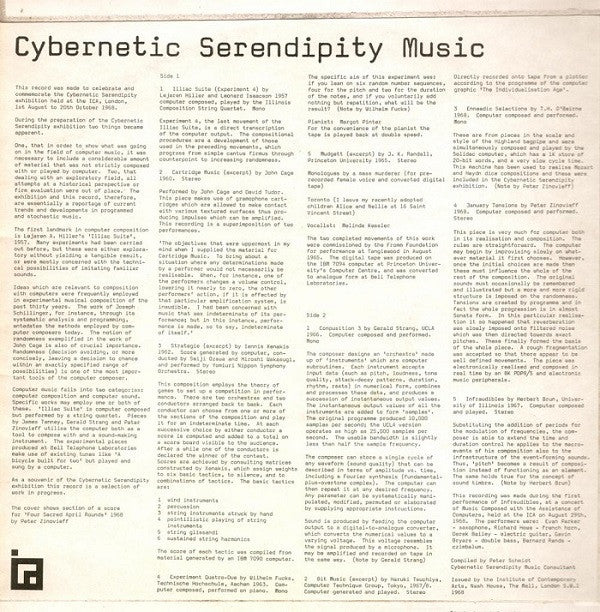 Image of Back Cover of LP - VG+/VG - VARIOUS ARTISTS, Cybernetic Serendipity Music (ICA ; ICA 01, UK 1968, Laminated Flipback Sleeve), Strong VG, Ring Wear On Rear Sleeve,  - 2826197E