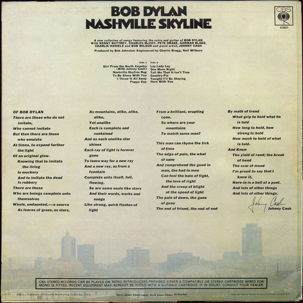 Image of Back Cover of LP - VG/VG - BOB DYLAN, Nashville Skyline (CBS; M 63601, UK 1969, Mono), ,  - 2826225E