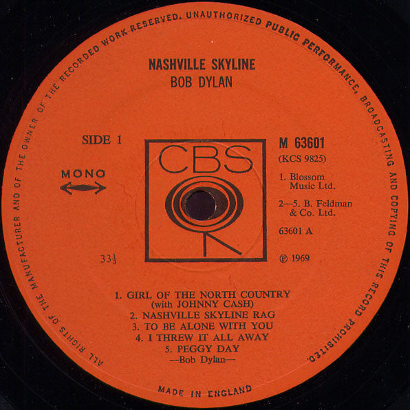 Image of Label Cover of LP - VG/VG - BOB DYLAN, Nashville Skyline (CBS; M 63601, UK 1969, Mono), ,  - 2826225E
