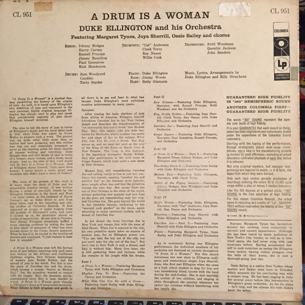 Image of Back Cover of LP - G/VG - DUKE ELLINGTON AND HIS ORCHESTRA, A Drum Is A Woman (Columbia '6-eye'; CL 951, US 1957, Mono, Bridgeport Pressing), Strong VG, Top Seam Totally Split, Ring Wear,  - 2826182E
