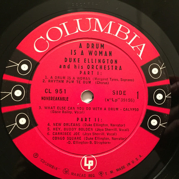 Image of Label Cover of LP - G/VG - DUKE ELLINGTON AND HIS ORCHESTRA, A Drum Is A Woman (Columbia '6-eye'; CL 951, US 1957, Mono, Bridgeport Pressing), Strong VG, Top Seam Totally Split, Ring Wear,  - 2826182E