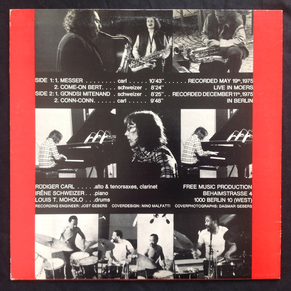 Image of Back Cover of LP - VG/VG+ - SCHWEIZER / CARL / MOHOLO, Messer (FMP ; FMP 0290, Germany 1976), Strong VG+, Edge and Ring Wear,  - 2826170E