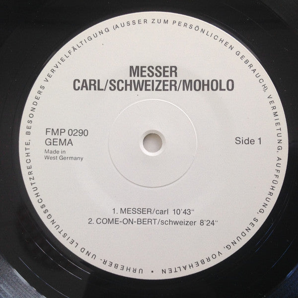 Image of Label Cover of LP - VG/VG+ - SCHWEIZER / CARL / MOHOLO, Messer (FMP ; FMP 0290, Germany 1976), Strong VG+, Edge and Ring Wear,  - 2826170E