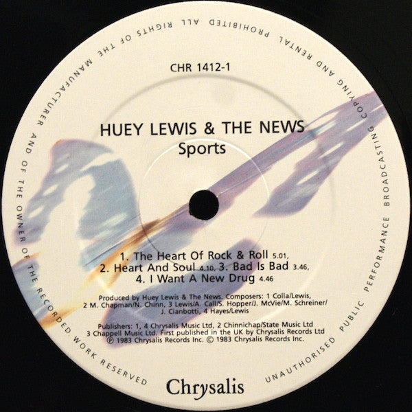 Image of Label Cover of LP - VG/VG+ - HUEY LEWIS AND THE NEWS, Sports (Chrysalis White Butterfly; CHR 1412, UK 1990s Reissue), Hype stickered.,  - 2816158C