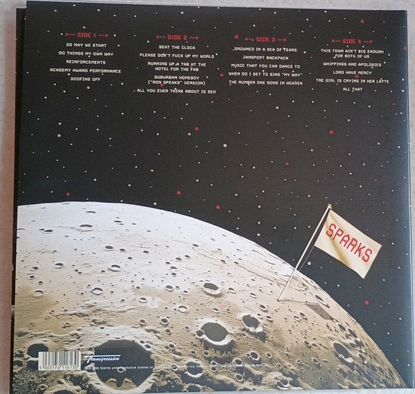 Image of Back Cover of 2xLP - NEW/NEW - SPARKS, Sparks Live On The Moon (Transgressive; TRANS971X, Worldwide 2026, Gatefold, Indie Exclusive, Moon Coloured Marble Silver), , Following last year's world tour, Sparks were invited to perform a one-off show on the  Moon - the frst band in history to do so! Includes an introduction and outro from Cate Blanchett, who accompanied the band on their lunar trip. - 3616333C