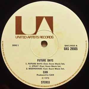 Image of Label Cover of LP - VG/VG - CAN, Future Days (United Artists Records; UAS 29505, UK 1973, US Sleeve With Tracklist On Rear, UK Disc With American Sleeve), UK Disc In US Sleeve. Sometimes happened when UK maufacturing ran out. A few hairline marks to disc, Plays well, Sleeve has a corner cut and some light wear. ,  - 2816126C