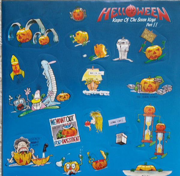 Image of Back Cover of LP - VG/VG+ - HELLOWEEN, Keeper Of The Seven Keys (Part II) (Noise International; N 0117-9, Germany 1988, Sticker Set, Picture disc), Stickers are intact (although sheet is missing a corner). Sleeve has several small creases, small sticker removal mark.,  - 2826259E