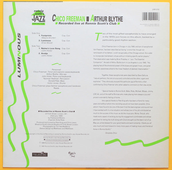 Image of Back Cover of LP - VG/VG - CHICO FREEMAN - ARTHUR BLYTHE, Luminous (Ronnie Scott's Jazz House; JHR010, UK 1991 Reissue), Disc strong VG, light marks only. Sleeve has light bend to top R corner, still in opened shrink,  - 2826283E