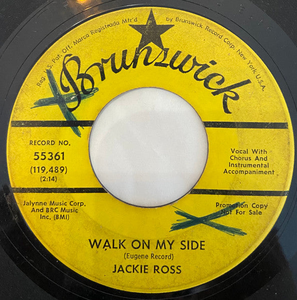 Image of Back Cover of 7" - /VG - JACKIE ROSS, Mr. Sunshine (Where Is My Shadow) / Walk On My Side (Brunswick; 55361, US 1968, Promo), Light marks on both sides,  - 2816249C