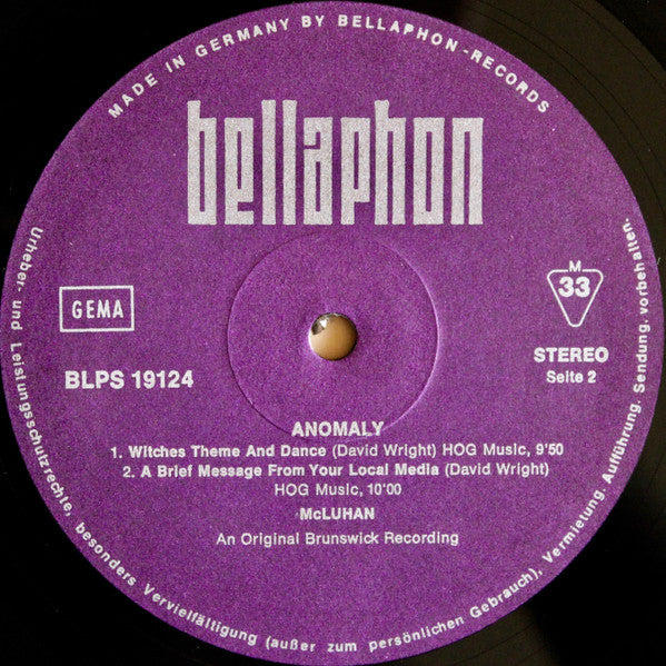 Image of Label Cover of LP - VG+/VG - MCLUHAN, Anomaly (Bellaphon; BLPS 19124, Germany 1972, US Art Rock / Prog ), ,  - 2826231E