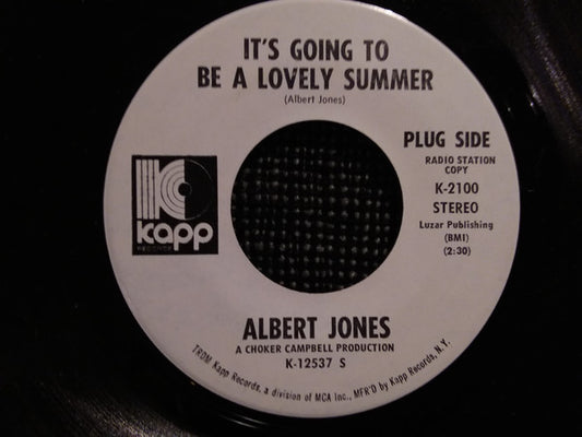 Image of Front Cover of 7" - VG/G - ALBERT JONES, It's Going To Be A Lovely Summer / Monkey Boogaloo (Kapp Records; K-2100, US 1970, Styrene), Lots of marks. Writing and wear on labels. With yellow company sleeve (a few splits / some damage),  - 2816251C