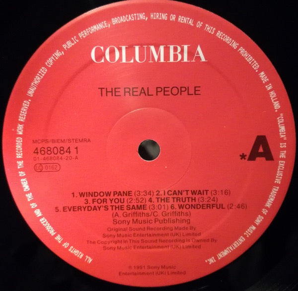 Image of Label Cover of LP - VG/G - THE REAL PEOPLE, The Real People (Columbia; 468084 1, UK & Europe 1991, Inner), Lots of hairlines and some unsightly splodgy marks, Plays better than it looks with some surface noise in quiet passages and some clicks, Sleeve a little worn.,  - 2816261C