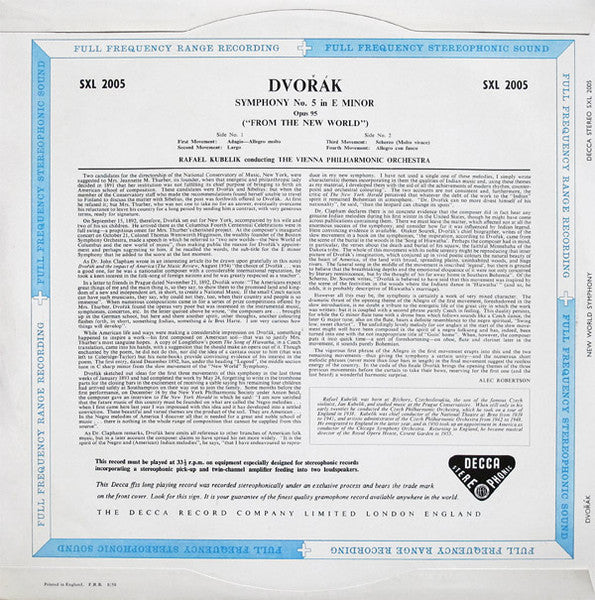 Image of Back Cover of LP - VG/G+ - RAFAEL KUBELIK, THE VIENNA PHILHARMONIC, Dvorak: New World Symphony (Decca Black Unboxed Wideband - Original Recording at 11 O'Clock - Grooved ED1; SXL 2005, UK 1959, Laminated Scalloped Flipback Sleeve, E/T Tax Code), Plays With Some Surface Noise,  - 2826294E