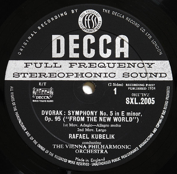 Image of Label Cover of LP - VG/G+ - RAFAEL KUBELIK, THE VIENNA PHILHARMONIC, Dvorak: New World Symphony (Decca Black Unboxed Wideband - Original Recording at 11 O'Clock - Grooved ED1; SXL 2005, UK 1959, Laminated Scalloped Flipback Sleeve, E/T Tax Code), Plays With Some Surface Noise,  - 2826294E