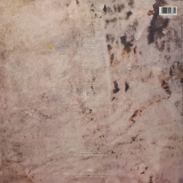 Image of Back Cover of LP - VG/VG - BONNIE RAITT, Nick Of Time (Capitol Records; EST 2095, UK 1989, Inner), Hype stickered sleeve, small mark to varnish from price sticker.,  - 2816224C