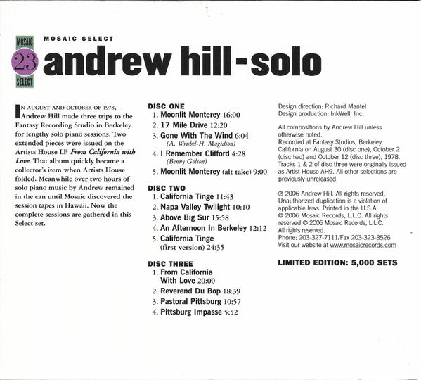 Image of Back Cover of 3xCD - VG+/EX - ANDREW HILL, Mosaic Select - Solo (Mosaic Records; MS-023, US 2006, Box Set, Booklet), ,  - 2836010E