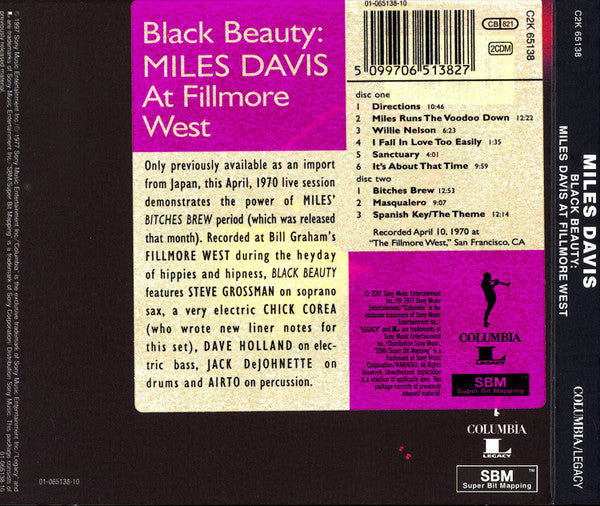 Image of Back Cover of 2xCD - VG+/VG+ - MILES DAVIS, Black Beauty : Miles Davis At Fillmore West (Columbia; C2K 65138, Europe 1997, Double Digipak), ,  - 2836009E
