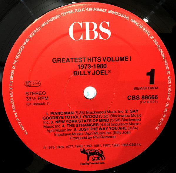 Image of Label Cover of 2xLP - VG/VG - BILLY JOEL, Greatest Hits Volume I & Volume II (CBS Red Labels "Made In Holland" Rim Text; 88666, Europe 1985, Price Code 62 Gatefold Sleeve), With company insert.,  - 2816318C