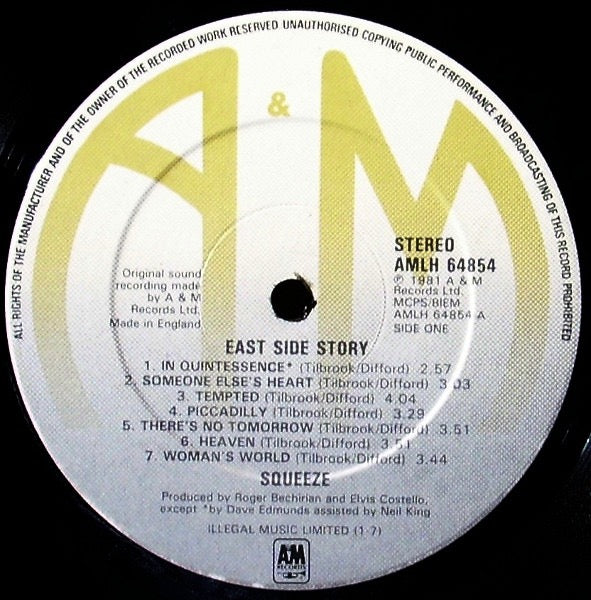 Image of Label Cover of LP - VG/VG - SQUEEZE, East Side Story (A&M Records; AMLH 64854, UK 1981, Porky Prime Cut), Strong VG,  - 2816278C