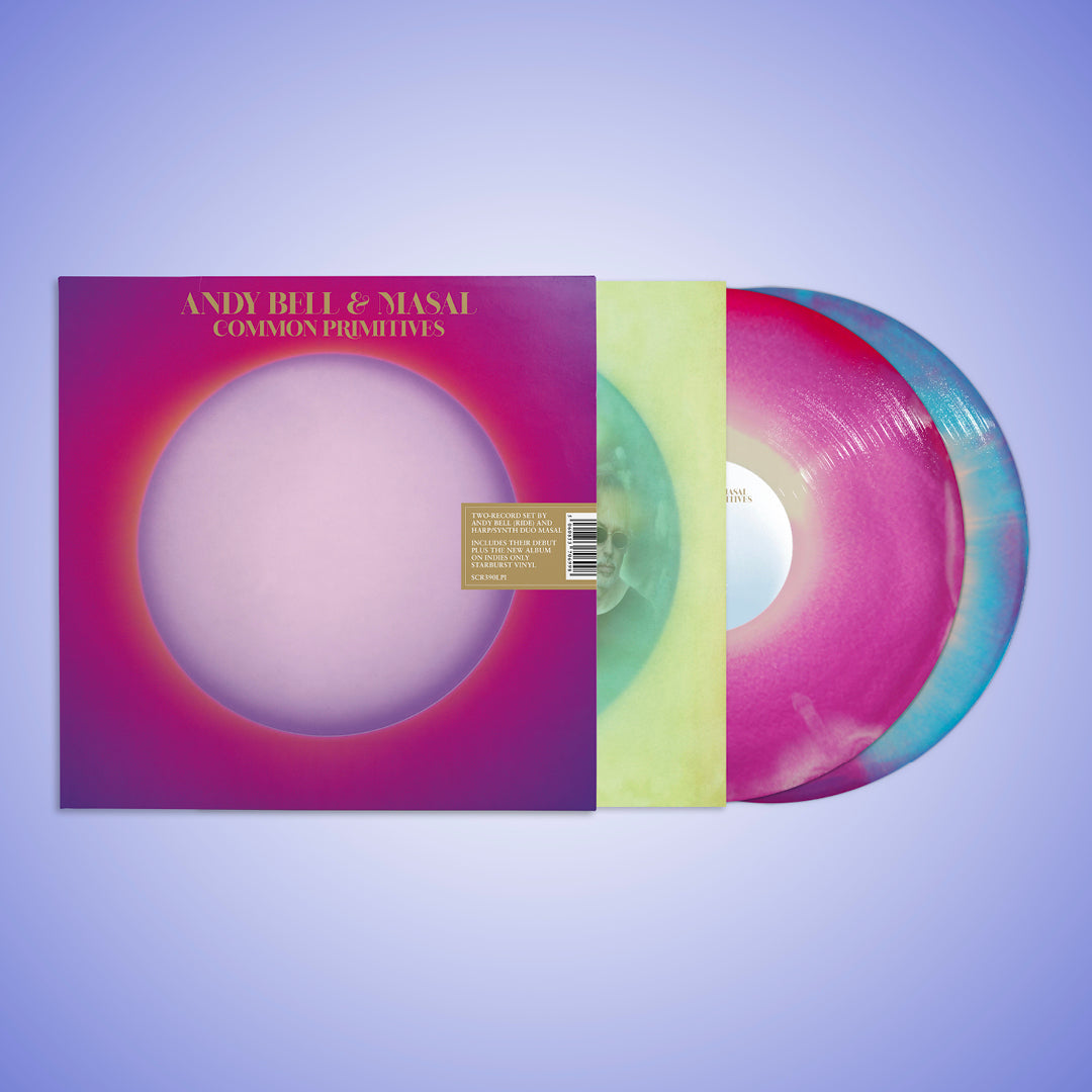 Image of Back Cover of 2xLP - NEW/NEW - ANDY BELL & MASAL, Common Primitives (Sonic Cathedral; SCR390LPI, Europe 2026, Indies Exclusive Starburst Vinyl), , Common Primitives is the second collaborative album between Andy Bell (Ride guitarist, Oasis bassist) and Essex-based harp and synth duo Masal. It’s a stunning, meditative collection which veers from kosmische to astral jazz by way of Turkish folk tunes and all the way back again. - 9407300C