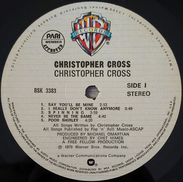 Image of Label Cover of LP - VG/VG - CHRISTOPHER CROSS, Christopher Cross (Warner Bros. Records; BSK 3383, Philippines 1979), ,  - 2816335C